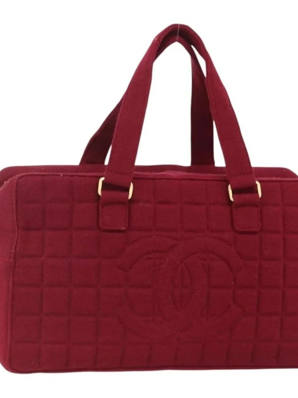 CHANEL Choco Bar Hand Bag Cotton Bordeaux Gold CC Auth BAZ870